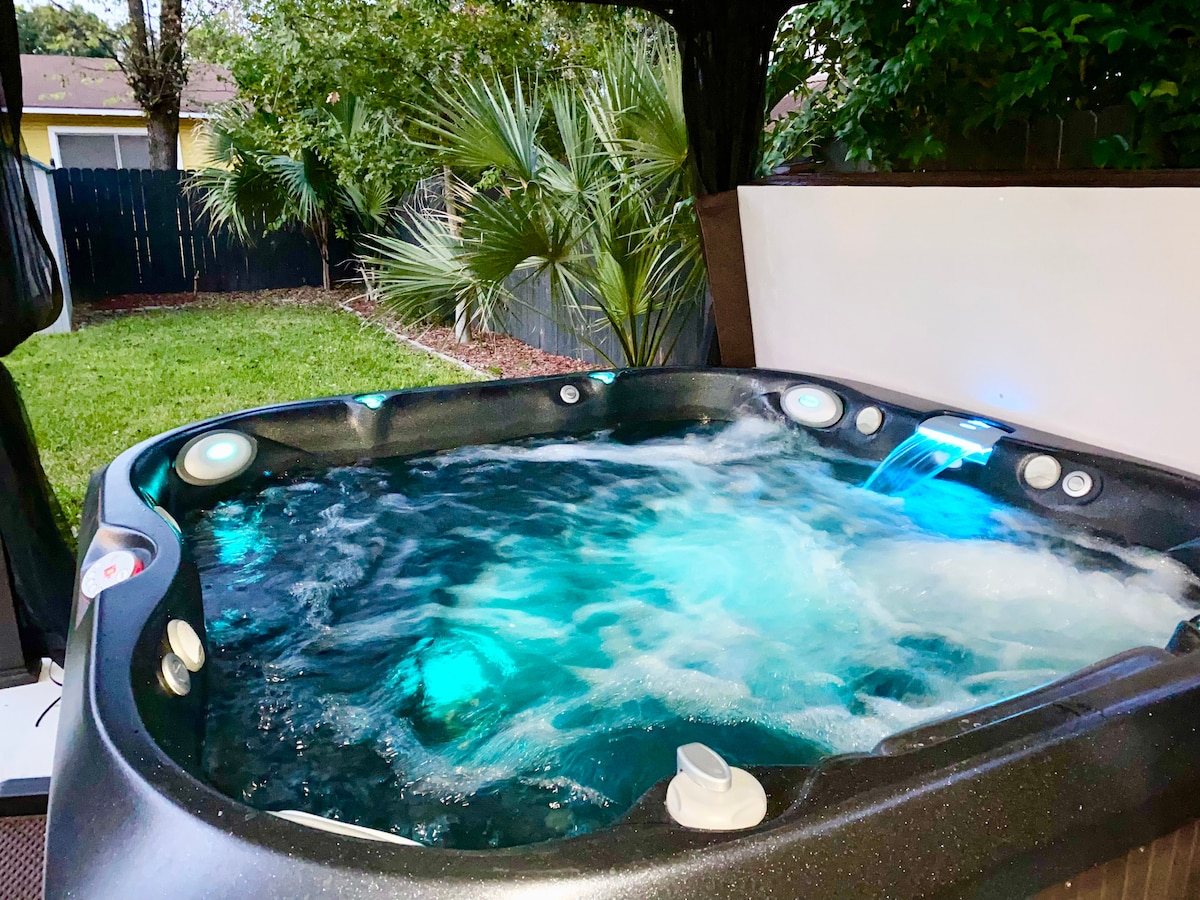 Private hot tub at night at Tobin Hill furnished rental, San Antonio